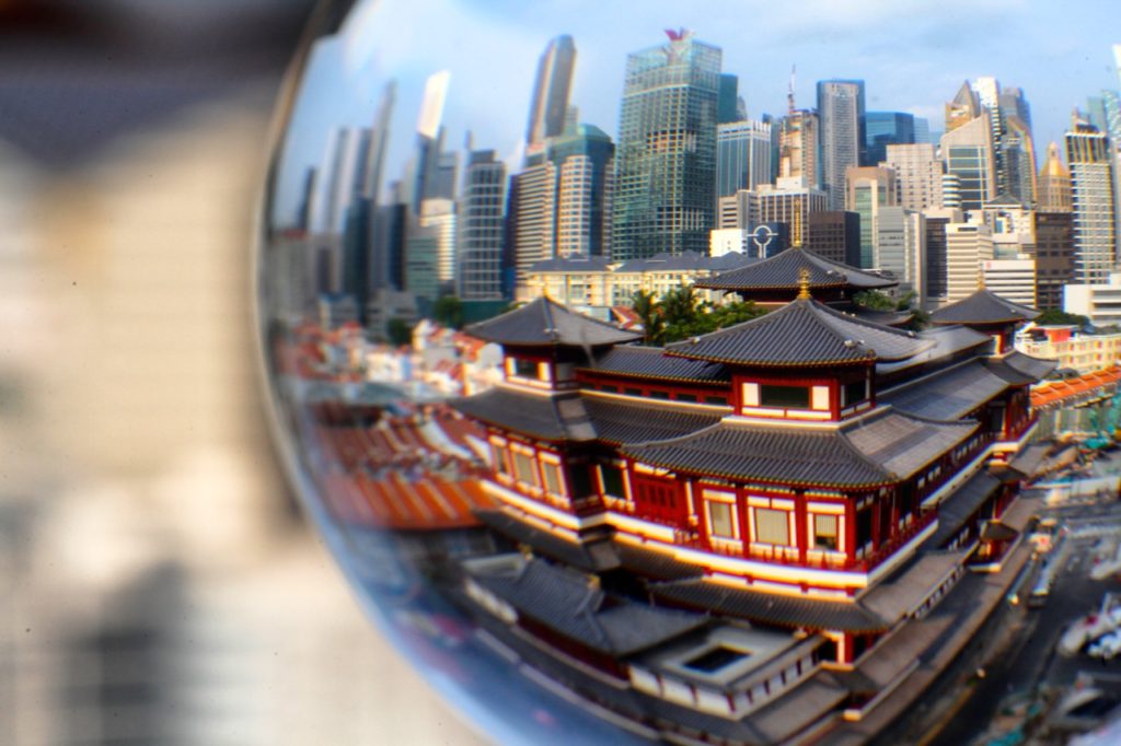 The broken tooth relic temple in Singapore would take up most of the frame with a wide angle lens.