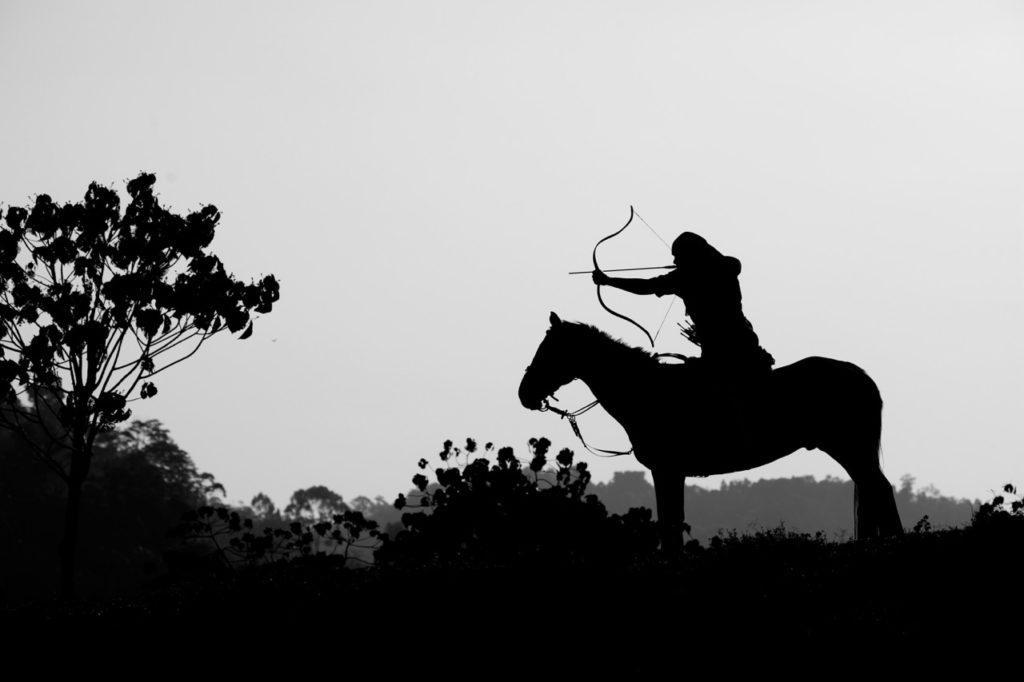 In this photo there are strong silhouettes, the shape and form of the horse and archer really dominate the frame. The foliage on the left adds a nice counter balance as well. This image ended up being the opening double page spread for a magazine, editors love this type of graphic image.