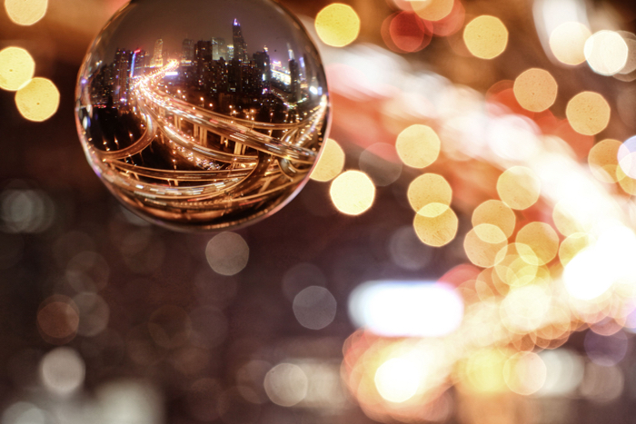 This photo shows the potential of the lensball to capture a wide night time cityscape, this image was taken in Shanghai.